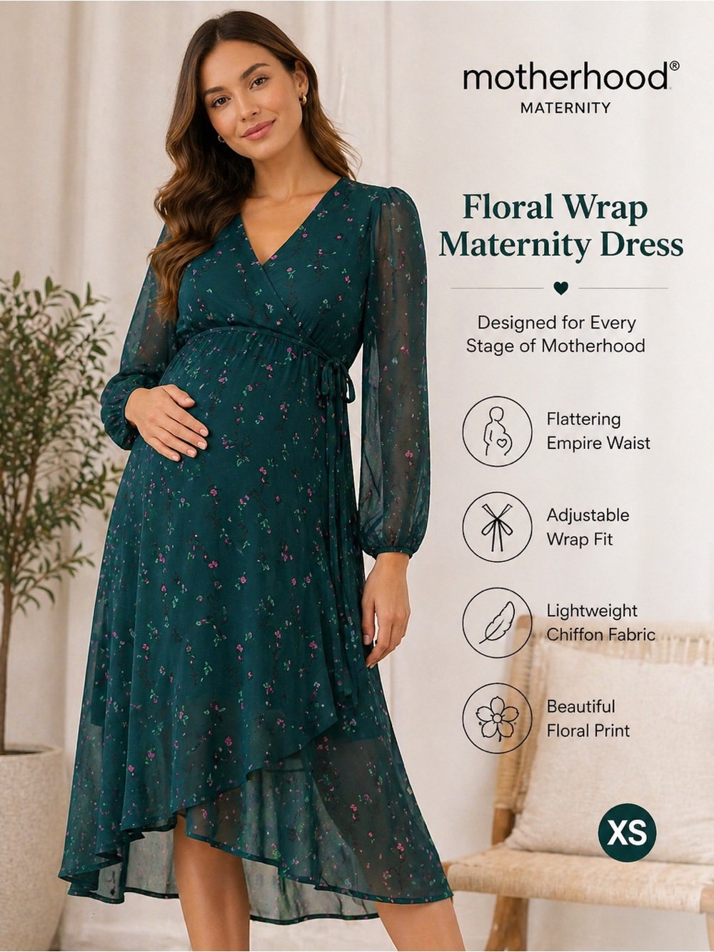 Motherhood Maternity Dark Teal Floral High-Low Wrap Dress